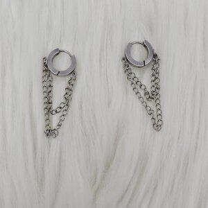 Silver Tone Double Chain Huggie Hoop Dangle Earrings